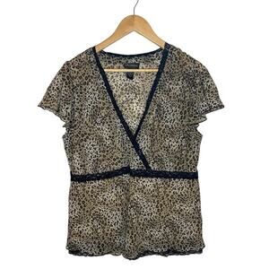 Lane Bryant Sheer Wrap Front Butterfly Short Sleeve V-neck Leopard Print Top